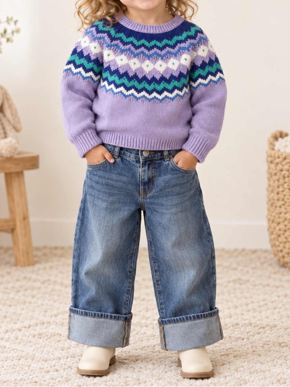 Primary Lavender Fair Isle Knit Sweater | Oshkosh Wide Leg Cuff Jeans 💜